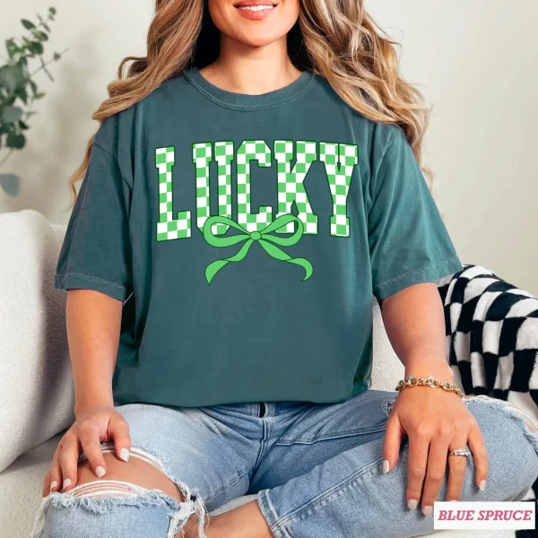 Lucky Bow St. Patrick’s Day Graphic Tee | Comfort Colors: Neon Pink, Large - Image 9