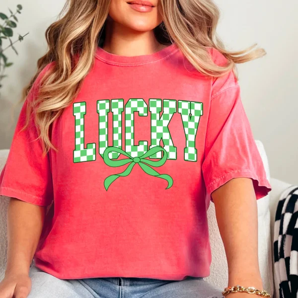 Lucky Bow St. Patrick’s Day Graphic Tee | Comfort Colors: Neon Pink, Large - Image 4