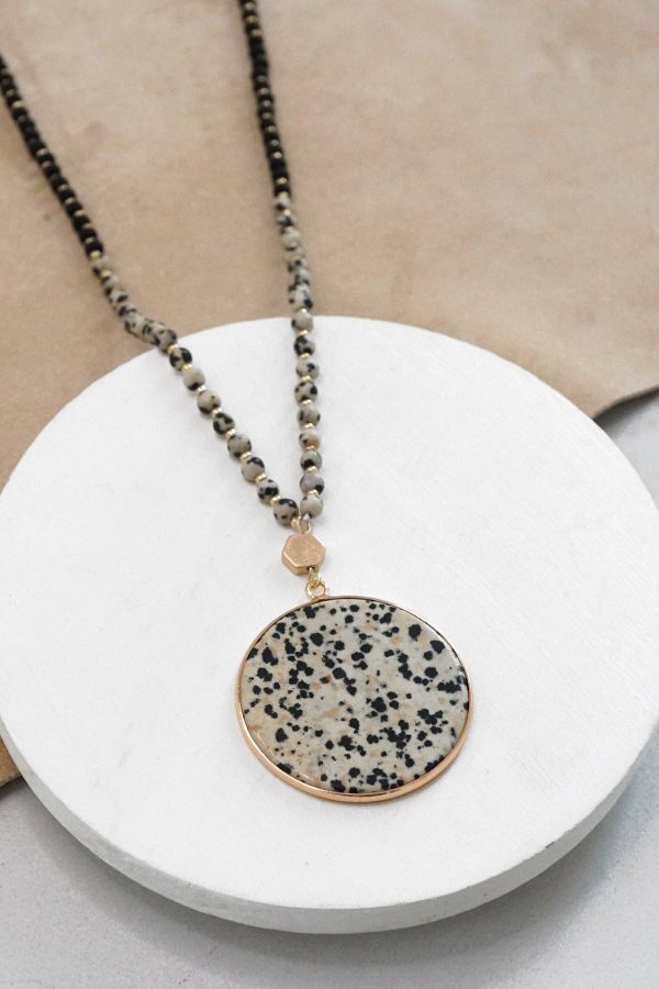 Beaded Necklace with Semi Precious Dalmatian Stone Round Pendant - Image 3