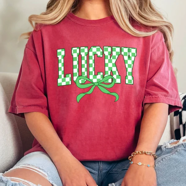 Lucky Bow St. Patrick’s Day Graphic Tee | Comfort Colors: Neon Pink, Large - Image 18
