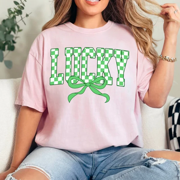 Lucky Bow St. Patrick’s Day Graphic Tee | Comfort Colors: Neon Pink, Large - Image 3