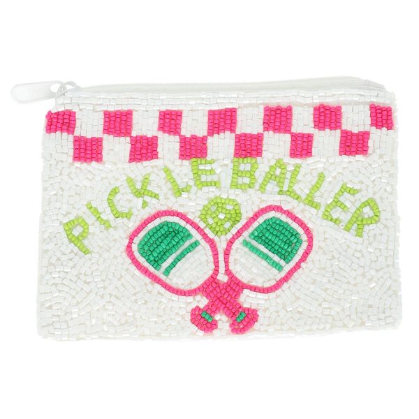 Pickle Baller Checkered Beaded Zipper Coin Bag: Pink - Image 3