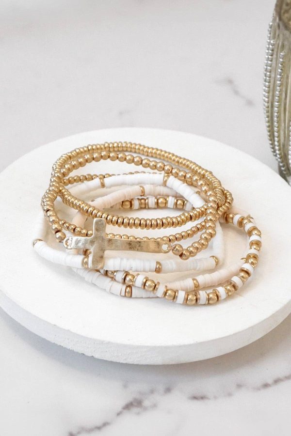 Minimal Sideways Cross Bracelet stack Clay and gold metal beads - Image 2