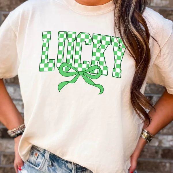 Lucky Bow St. Patrick’s Day Graphic Tee | Comfort Colors: Neon Pink, Large - Image 5