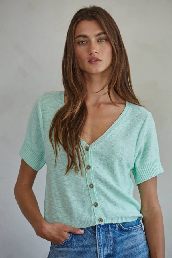 Buttondown Short Sleeve Cardigan: Light Mint - Image 2