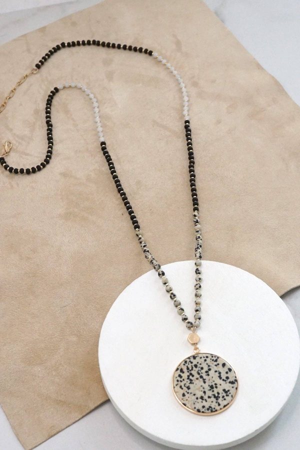 Beaded Necklace with Semi Precious Dalmatian Stone Round Pendant - Image 2