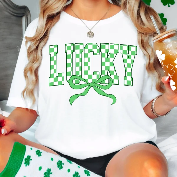 Lucky Bow St. Patrick’s Day Graphic Tee | Comfort Colors: Neon Pink, Large - Image 2