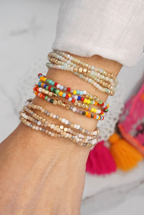 Gold tone 4 layering bracelets stack multi color glass beads: Neutrals mix - Image 2