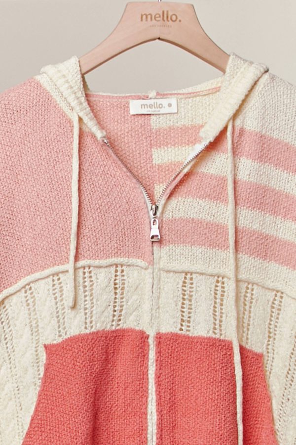 Stripe Distressed Knit Hoodie: CORAL - Image 3