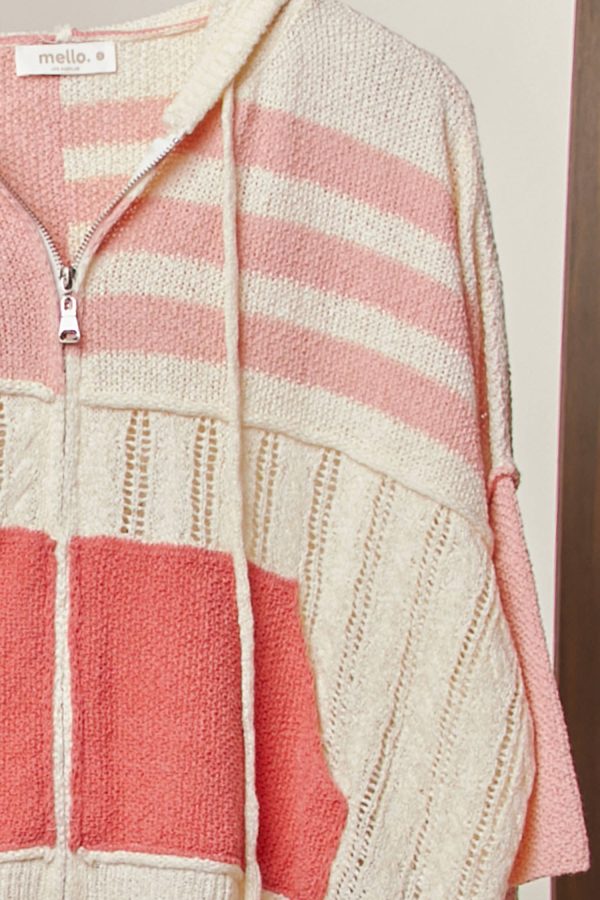 Stripe Distressed Knit Hoodie: CORAL - Image 4