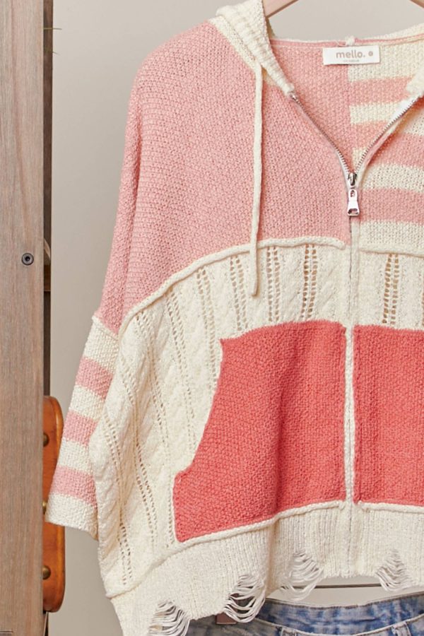 Stripe Distressed Knit Hoodie: CORAL - Image 5