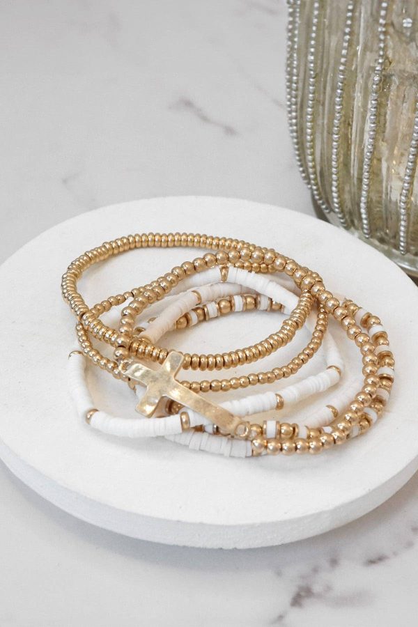 Minimal Sideways Cross Bracelet stack Clay and gold metal beads - Image 3