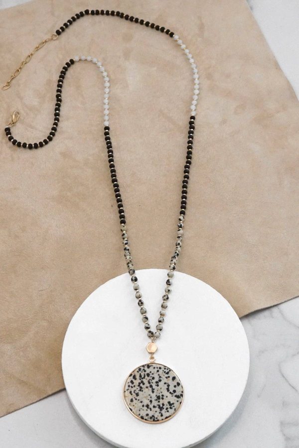 Beaded Necklace with Semi Precious Dalmatian Stone Round Pendant - Image 4