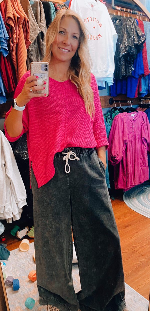 Crew Neck Knit Sweater - Hot Pink