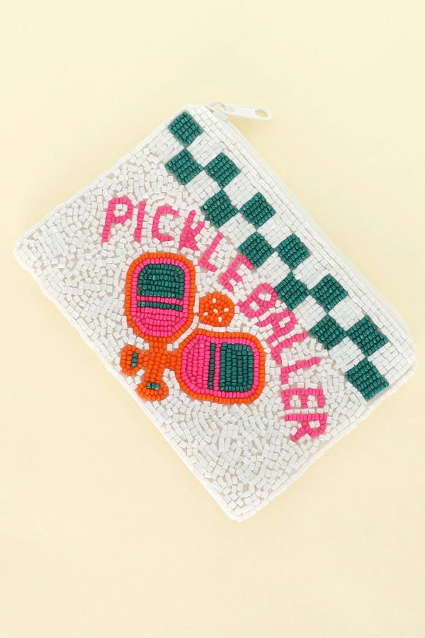 Pickle Baller Checkered Beaded Zipper Coin Bag: Pink