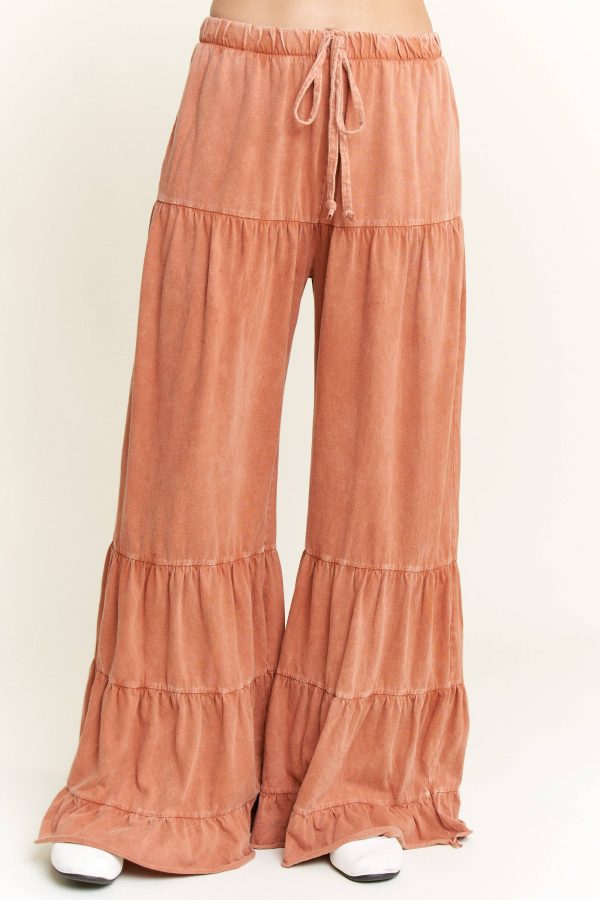 MineralWash Tiered Ruffle Flare Lounge pants HP6095: Brick, S-M-L / 2-2-2