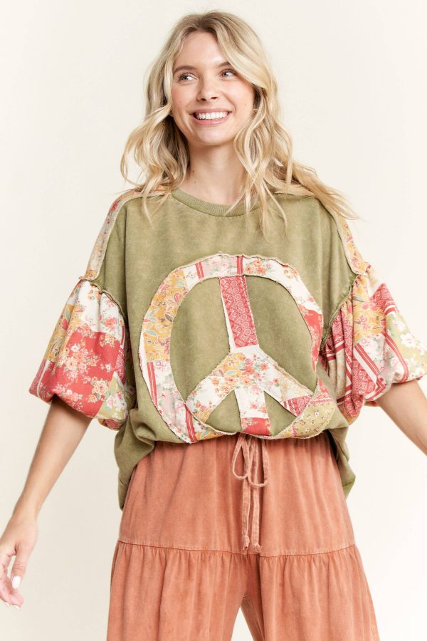 Mineral Wash Peace sign blouse with puff sleeves HT6103.: Avocado, S-M-L / 2-2-2