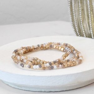 Gold tone 4 layering bracelets stack multi color glass beads: Neutrals mix