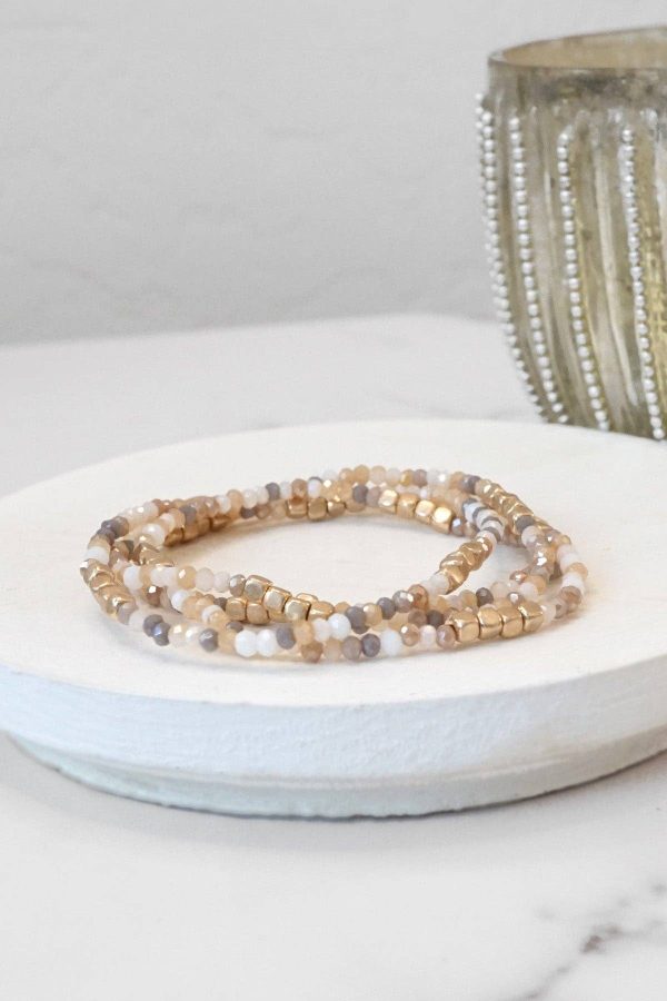 Gold tone 4 layering bracelets stack multi color glass beads: Neutrals mix