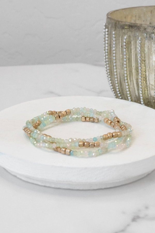 Gold tone 4 layering bracelets stack multi color glass beads: Light mix