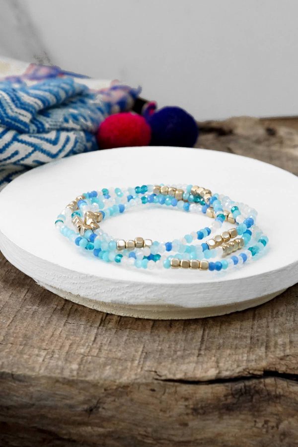 Gold tone 4 layering bracelets stack multi color glass beads: Blue Sky mix