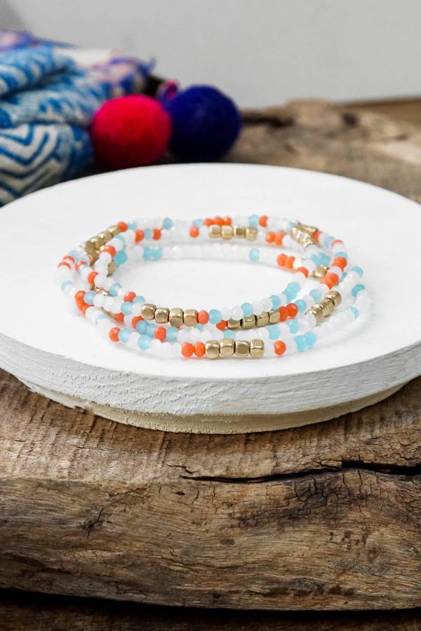 Gold tone 4 layering bracelets stack multi color glass beads: Orange White Blue mix
