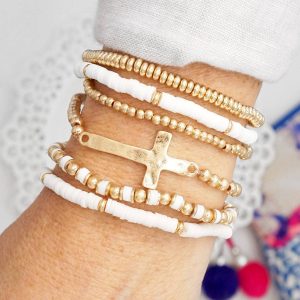 Minimal Sideways Cross Bracelet stack Clay and gold metal beads