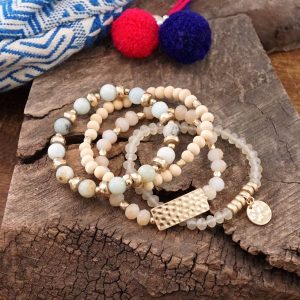 Beaded Bracelets stack of 4 with Coin Wood and Amazonite