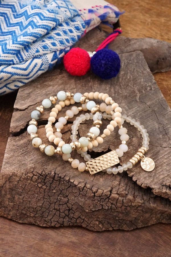 Beaded Bracelets stack of 4 with Coin Wood and Amazonite