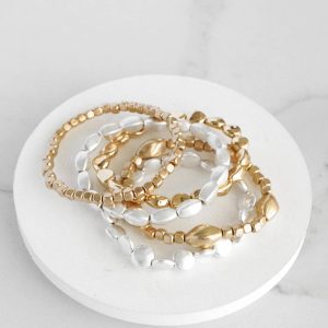 Boho Gold and silver Beaded Bracelets stack of 5: Worn Gold and Silver tone