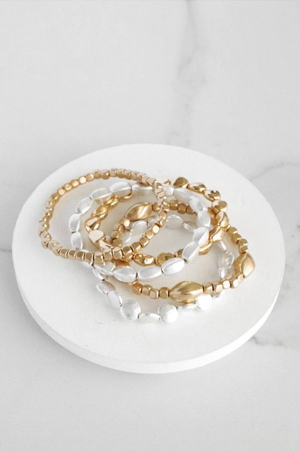Boho Gold and silver Beaded Bracelets stack of 5: Worn Gold and Silver tone