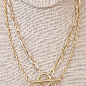 Front Toggle Closure Necklace Multi Layer Chain in Gold tone