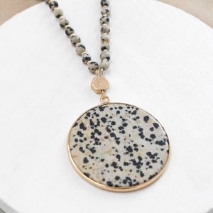Beaded Necklace with Semi Precious Dalmatian Stone Round Pendant