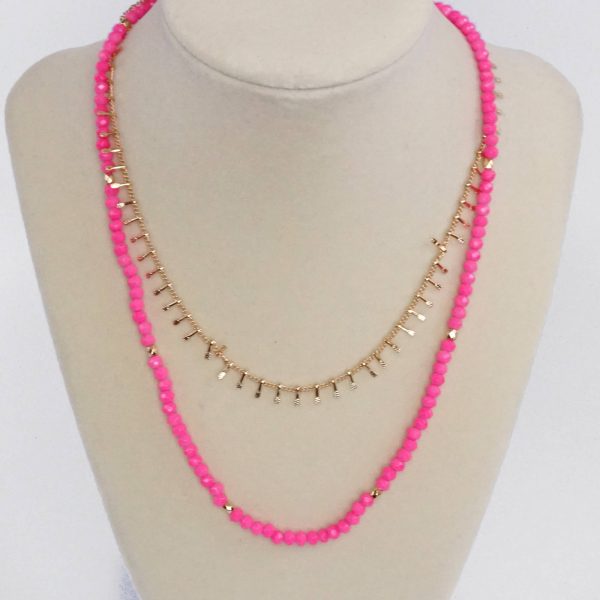 Double Layered Boho Chain and Glass Beads Short Necklace: Hot Pink