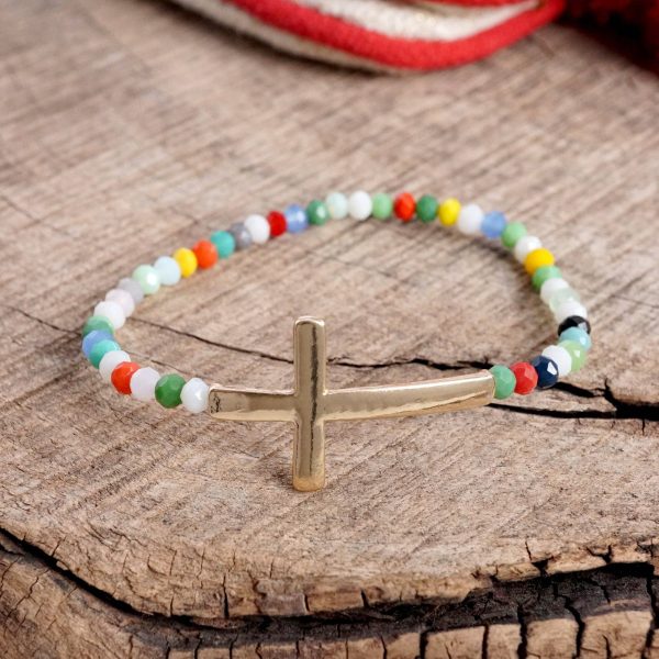 Minimal Sideways Cross Bracelet with Glass Beads Gold tone: Multi Color Glass Beads