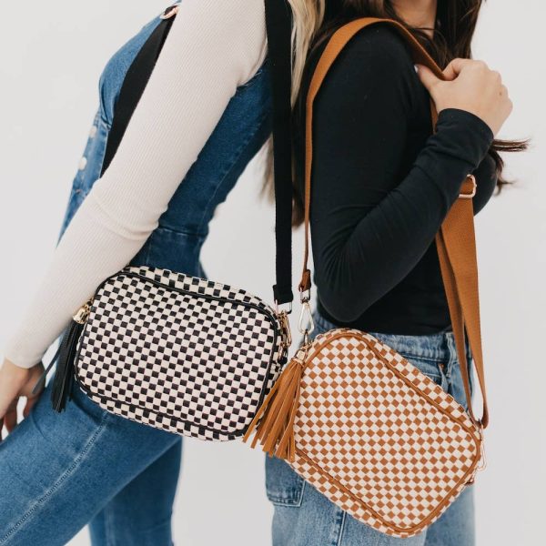 Woven Willow Camera Crossbody Bag: Checkered Brown
