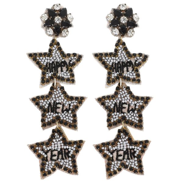 Jeweled Happy New Years Stars Long Drop Earrings: Silver
