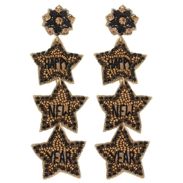 Jeweled Happy New Years Stars Long Drop Earrings: Gold