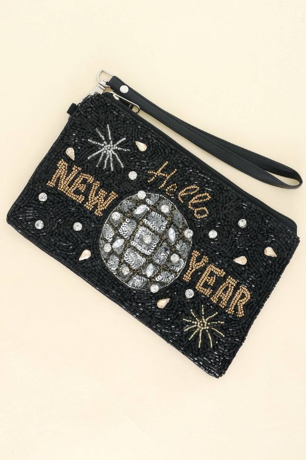Hello Happy New Year Beaded Wristlet Coin Bag