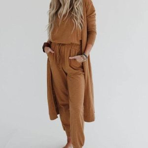Set to Go Textured Jumpsuit And Cardigan Set - Camel: Ash, S