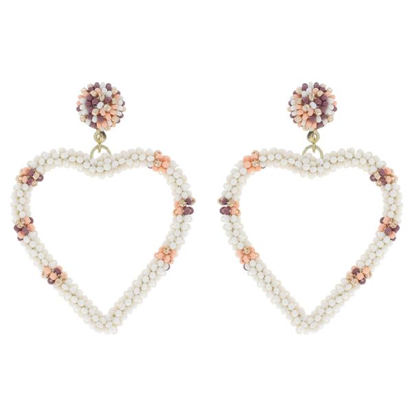 2-Tier Beaded Embroidery Open Heart Drop Earrings: White