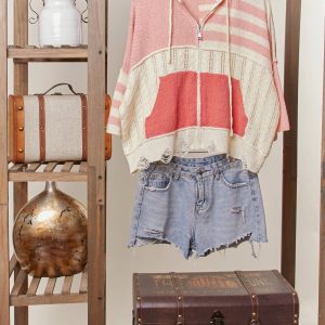 Stripe Distressed Knit Hoodie: CORAL