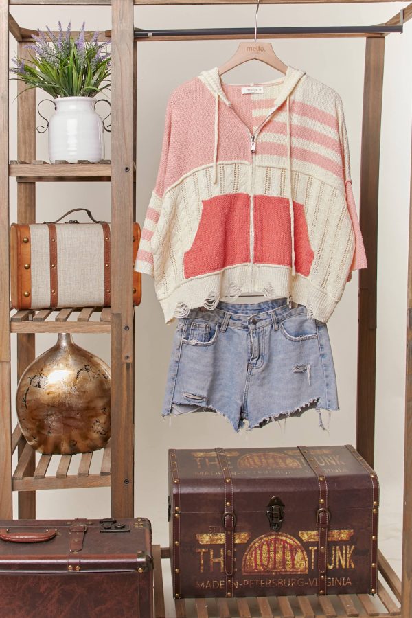 Stripe Distressed Knit Hoodie: CORAL