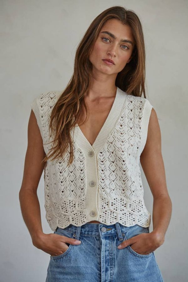 Crochet Button Down Vest : Cream