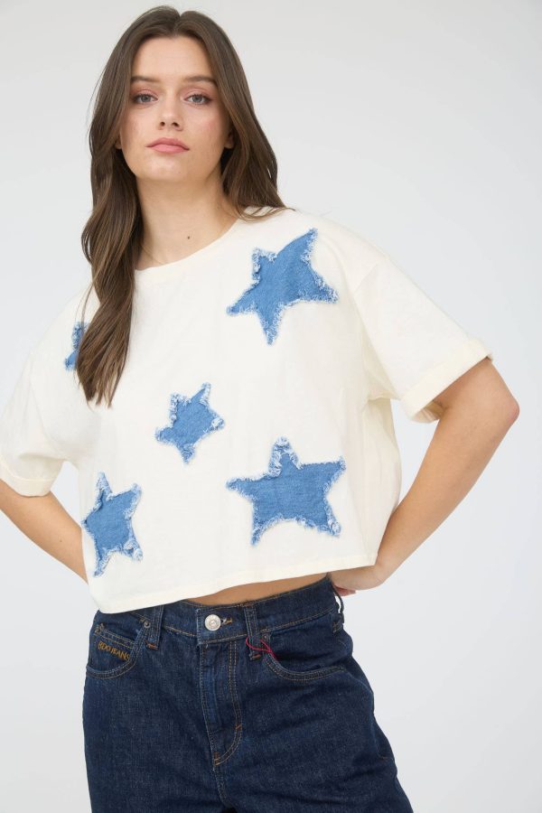 Denim star patched tee