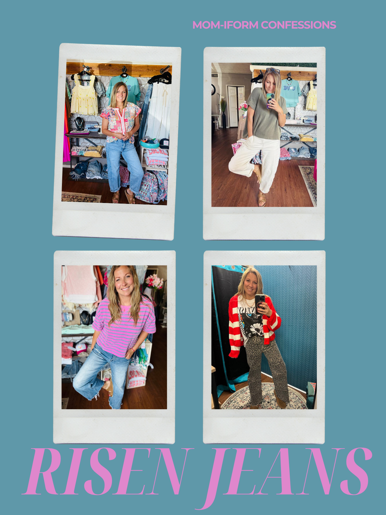Showcasing different mom-iform outfits featuring Risen Jeans