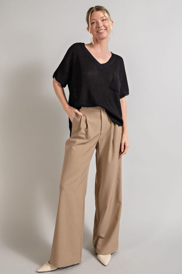 V-NECK RIBBED SHORT SLEEVE TOP  - Black