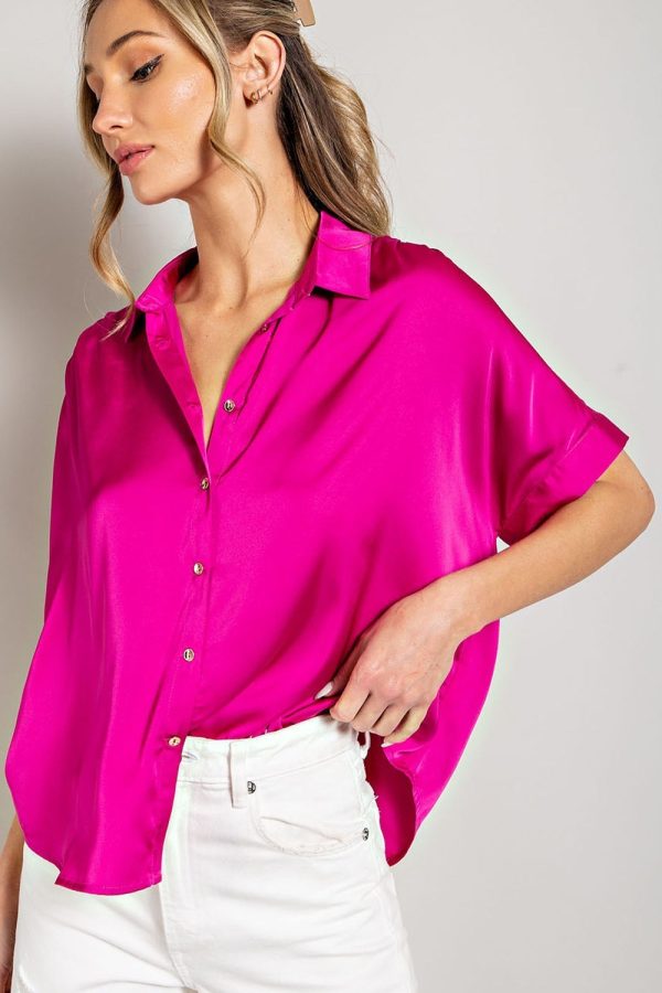 Satin Button Top Hot Pink