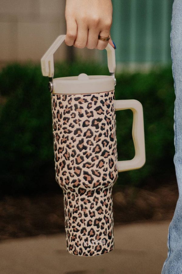 Brown Leopard Metal Tumbler with Lid Handle: Brown