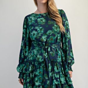 Navy and Green Floral Dress